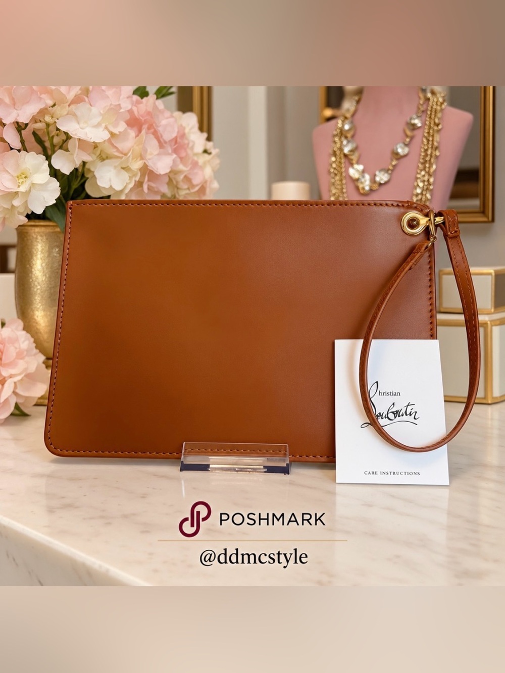 Christian Louboutin New Bettina Small Pouch Wristlet Brown Leather silver HW